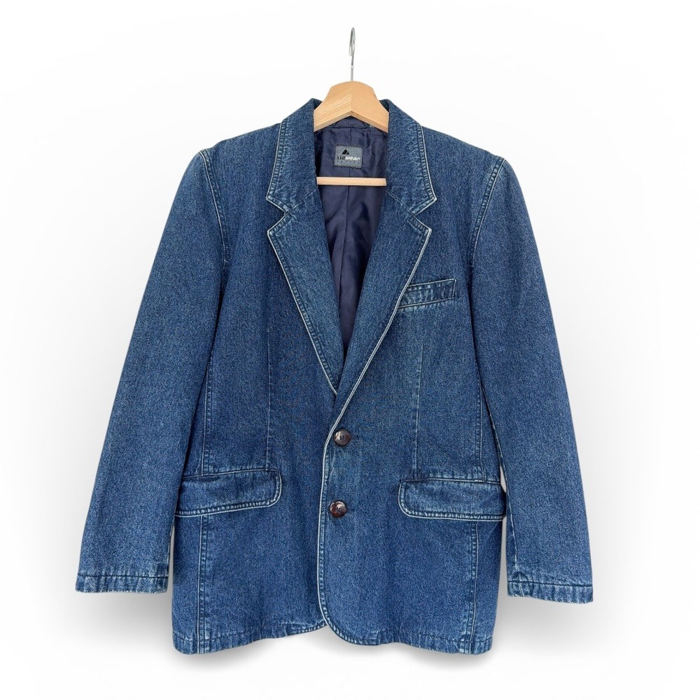 Vintage 90s Lizwear Dark Wash Denim Blazer Minimalist‎ Retro Preppy Size 4P